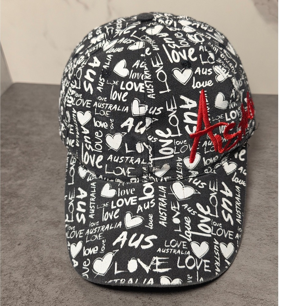 Australia Love Baseball Cap‎ Black White All Over Print Red Embroidery Mens Hat